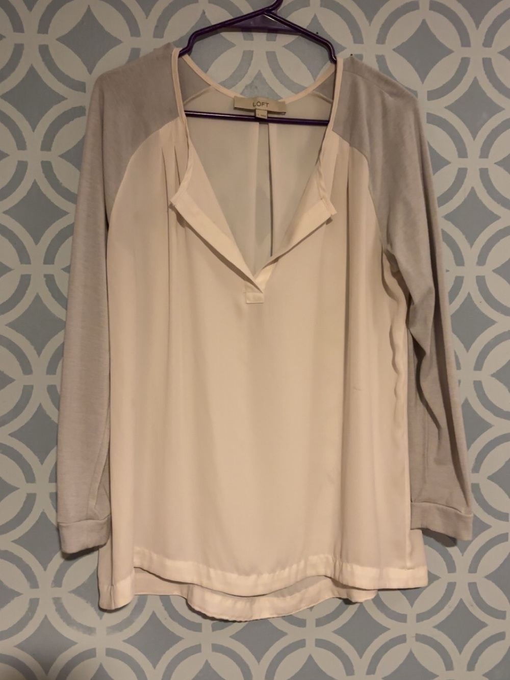 LOFT Cream Blouse with Light Gray Raglan Sleeves